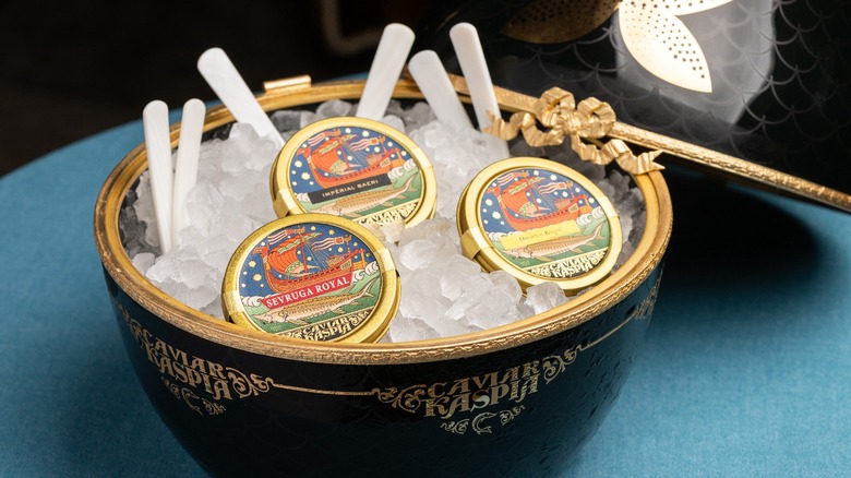Caviar containers on ice