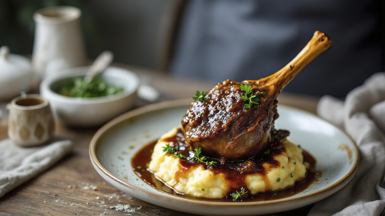 Braised lamb leg on mashed potatoes with sauce on a blue plate on a restaurant table