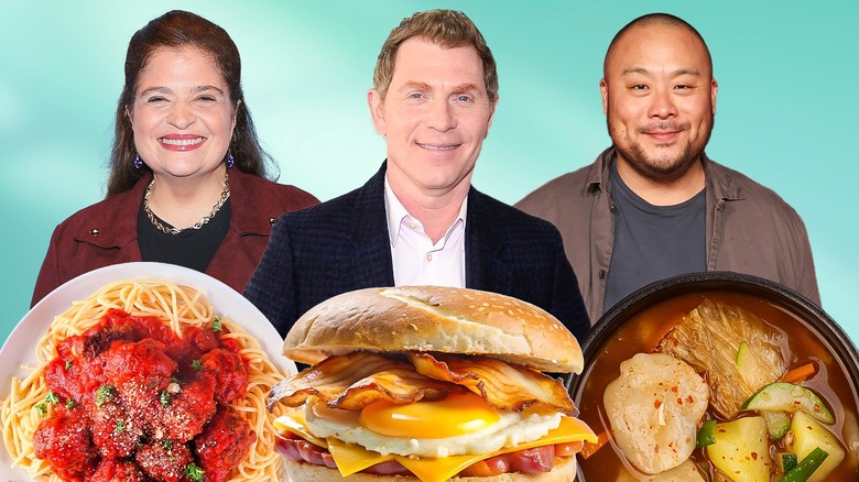 A composite image of celebrity chefs with their favorite comfort foods
