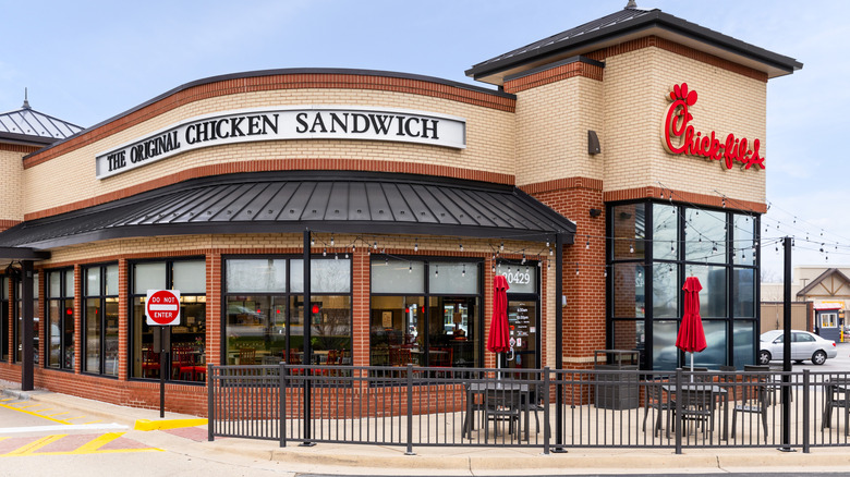 Outside view of Chick-fil-A with brand logo and signage