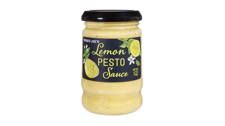 Trader Joe's Lemon Pesto Sauce isolated on a white background