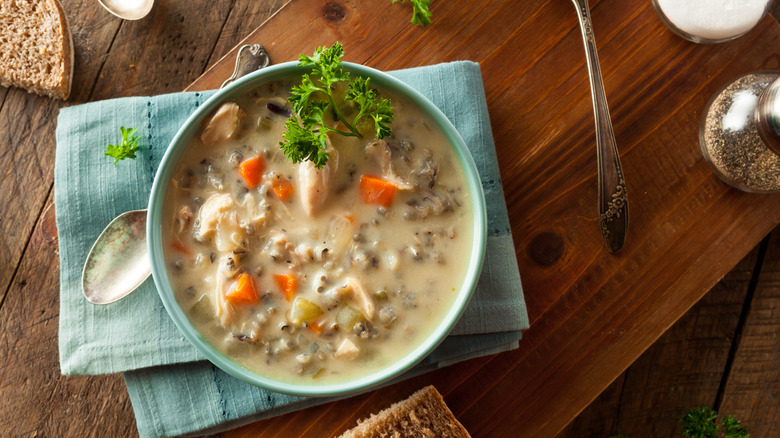 A bowl of chicken and wild rice soup