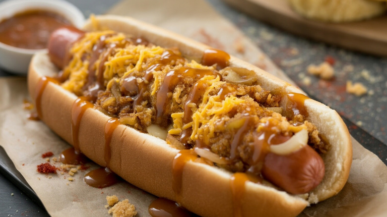 loaded hot dog close up