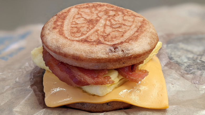 Bacon, egg, and cheese McGriddle sandwich