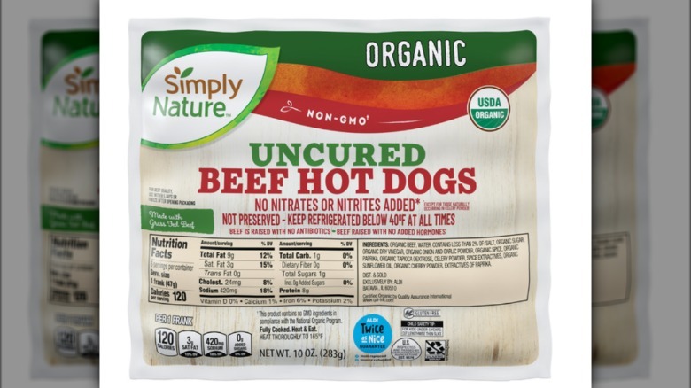 Simply Organic uncured beef hot dog in packaging