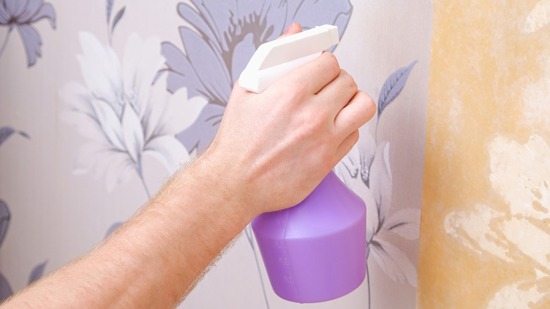A person spraying a wall with Windex and warm, soapy water to aid in wallpaper removal