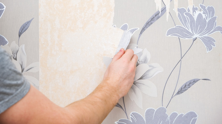 A person attempting to peel wallpaper off of a wall by hand