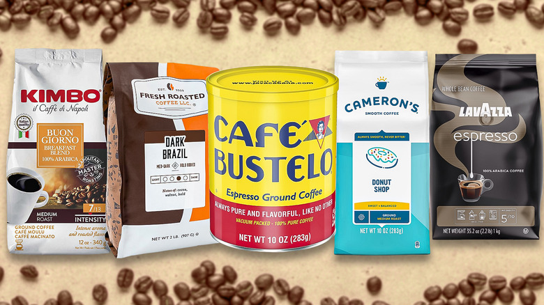 5 types of coffee on beige background with coffee beans