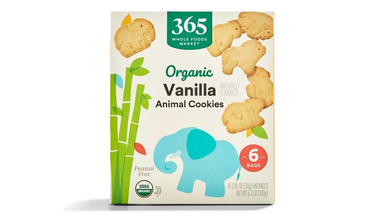 Box of 365 Organic Vanilla Animal Cookies with images of animals on front