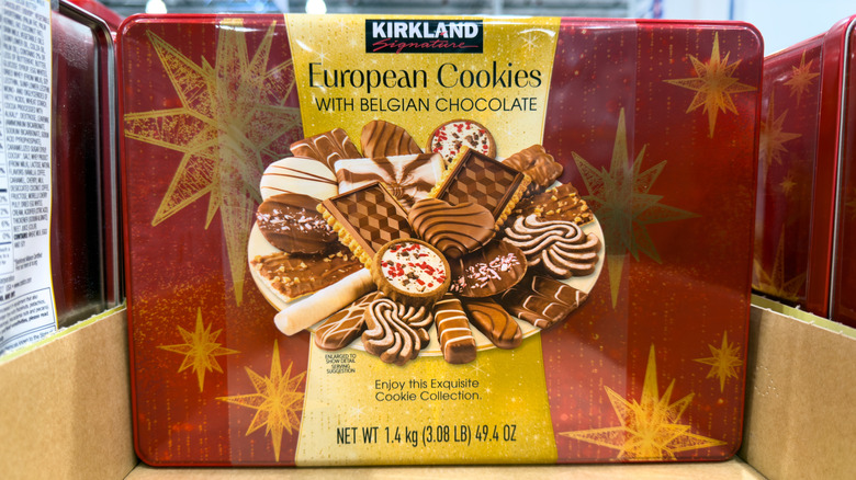 Tin of Kirkland Signature European Cookies on a Costco shelf