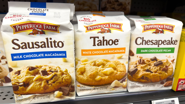 Three varieties of Pepperidge Farm cookies on a grocery store shelf