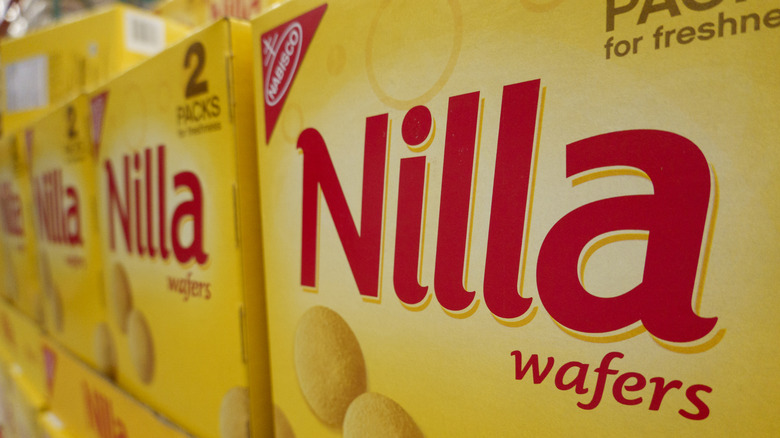 Several boxes of Nilla Wafers on display in a grocery store
