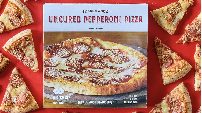 Overhead view of Trader Joe's Uncured Pepperoni Pizza box and pizza slices