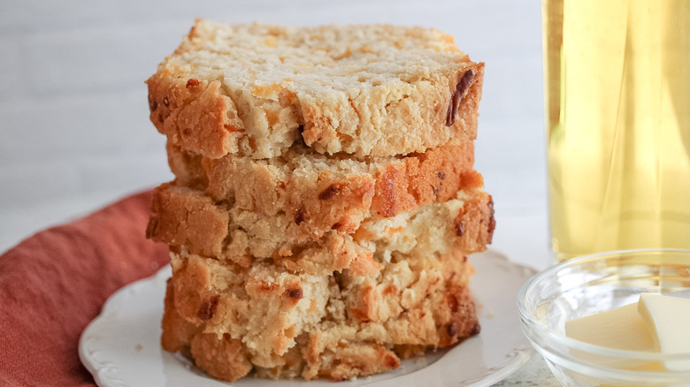 cheddar beer bread slices stacked