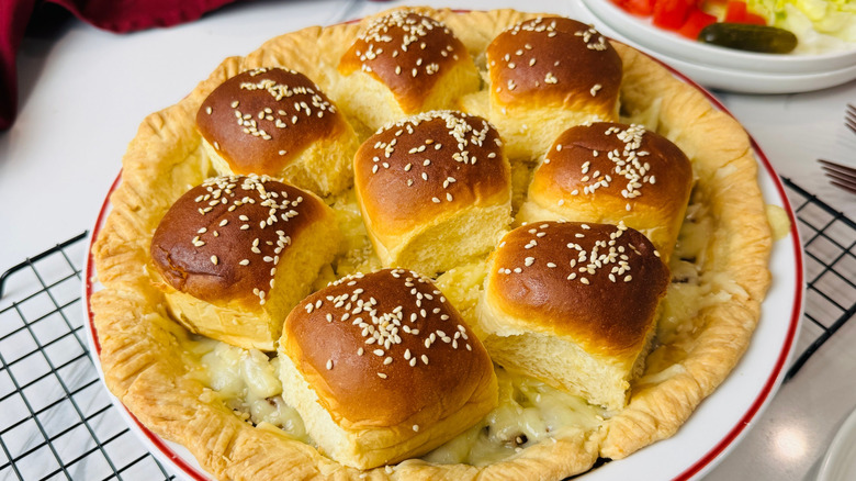 Cheeseburger pie with sesame slider bun topping