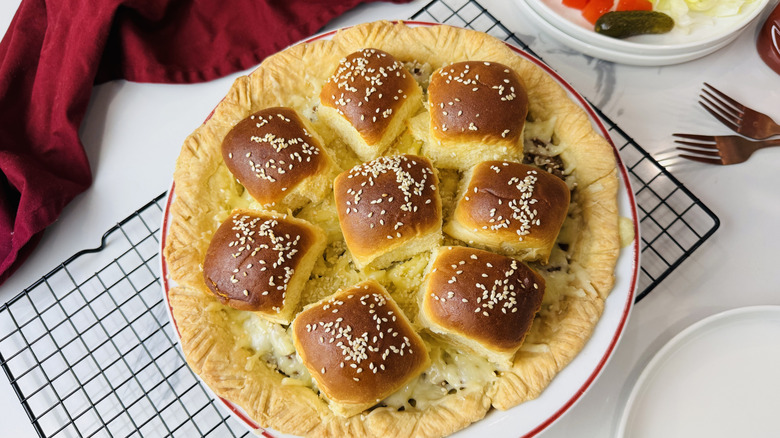 Cheeseburger pie with slider bun topping