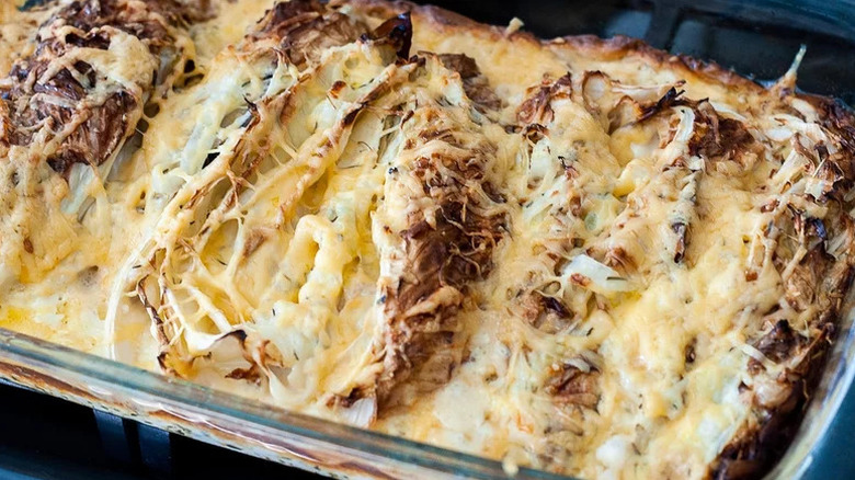 Cabbage au gratin in a glass dish
