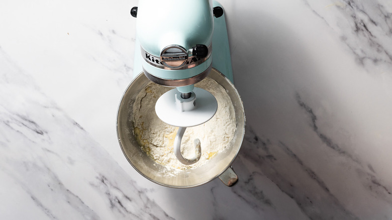 Dough ingredients in Kitchenaid stand mixer