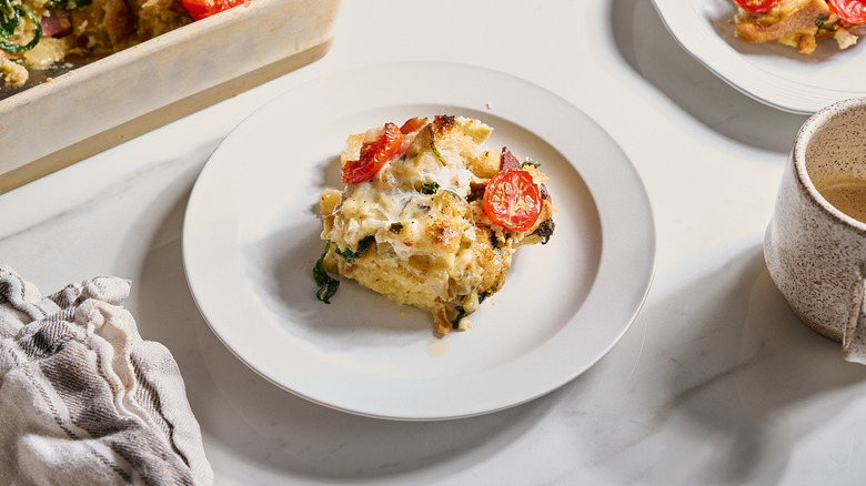 slice of breakfast strata on a plate