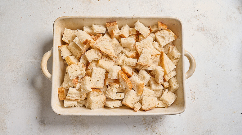Bread cubes in a casserole dish