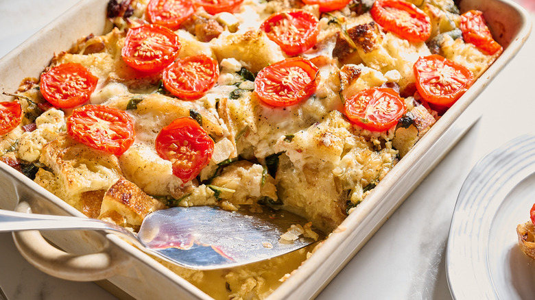 serving strata from a casserole dish