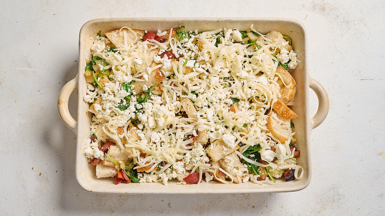 cheese sprinkled on top of casserole