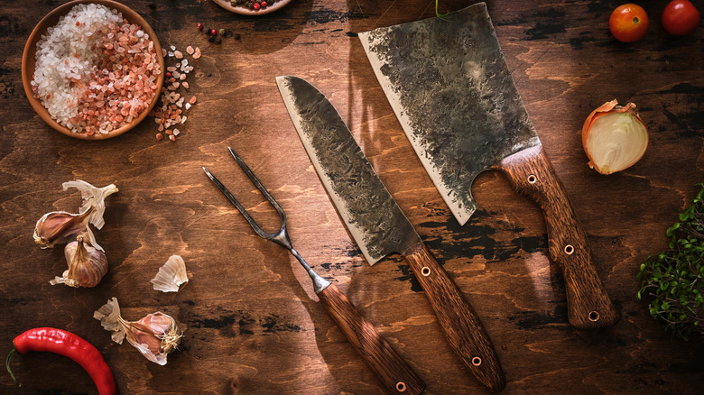 chef's knife and meat cleaver 