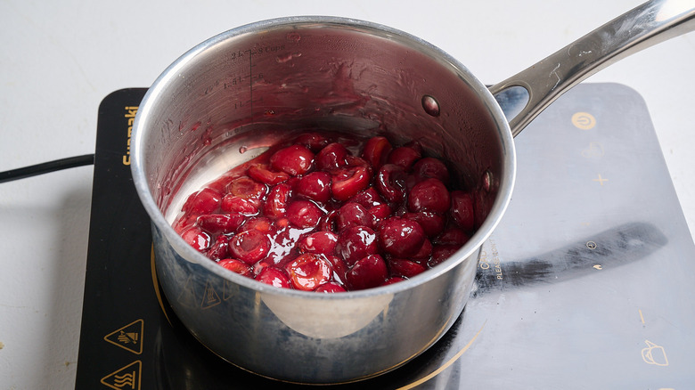 thickened cherry filling in a saucepan