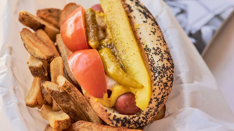chicago style hot dog in basket