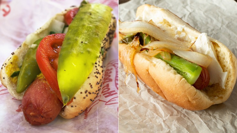 Side-by-side image of Chicago hot dog and Seattle hot dog