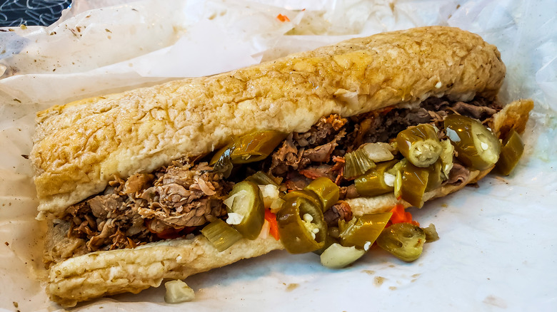 Italian beef sandwich on paper wrapping