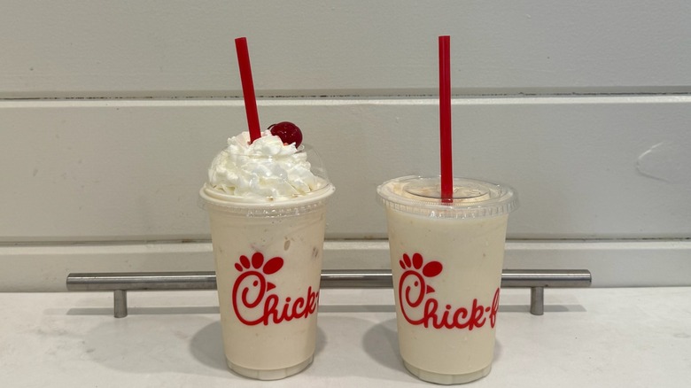 Chick-fil-A Peach Milkshake and Peach Frosted Lemonade side by side