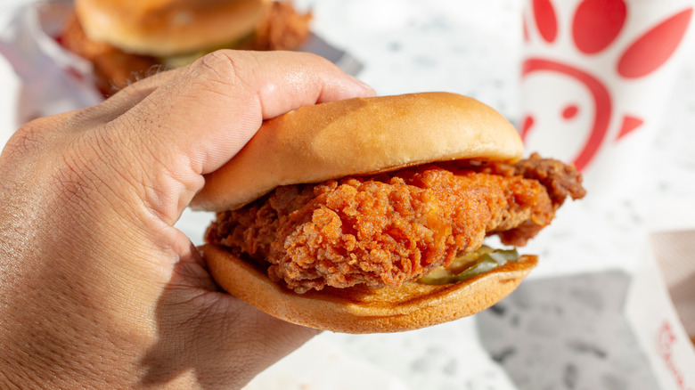 Hand holding a Chick-fil-A spicy chicken sandwich