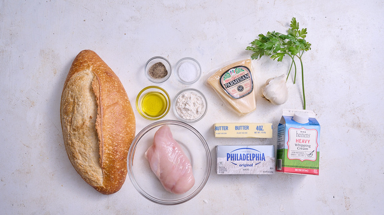 Chicken Alfredo garlic bread ingredients on a table