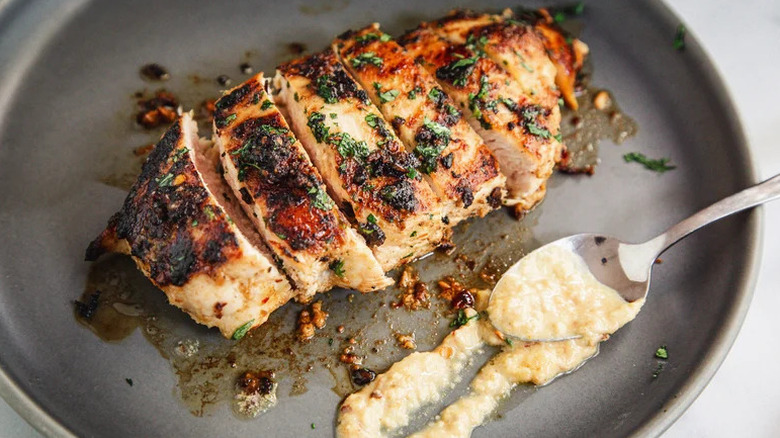 Hot Honey Butter and Dijon Grilled Chicken on grey plate