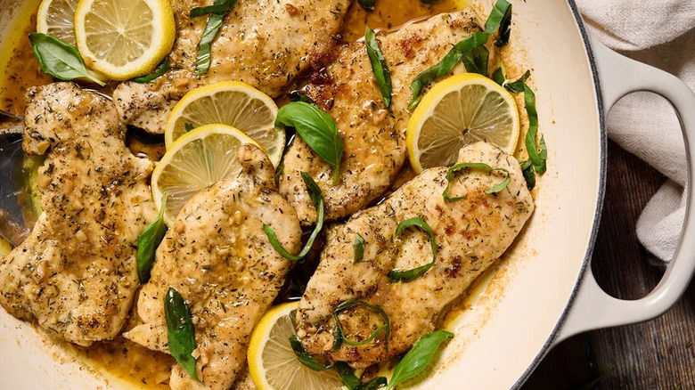 One-Pan Lemon Basil Chicken in white skillet
