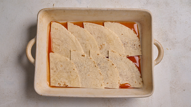 layer of tortillas on bottom of a casserole dish