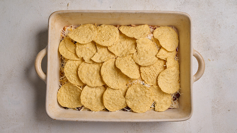 Enchilada bake layered with tortilla chips