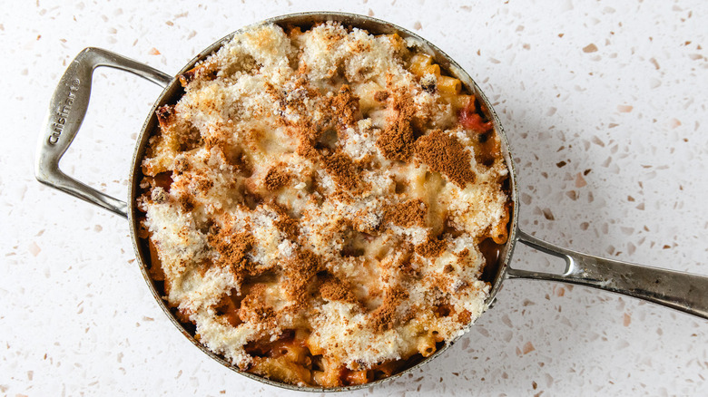 Chicken parmesan baked ziti in a pan