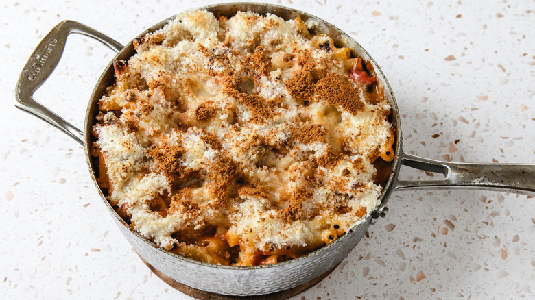 Chicken parmesan baked ziti in a pan