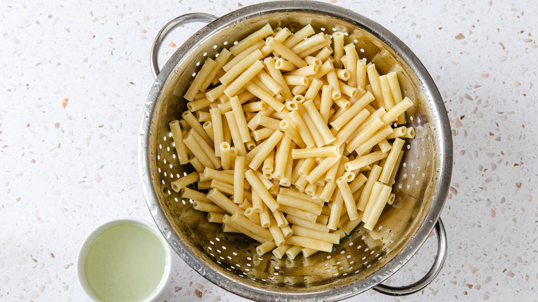 Drained pasta in a colander