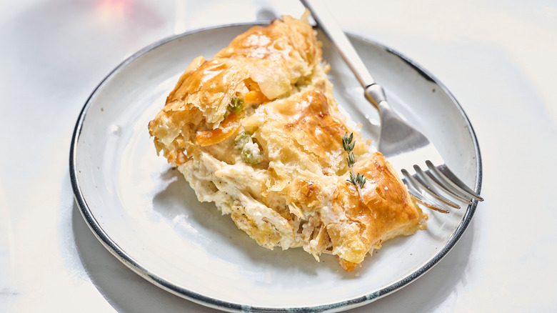 piece of chicken pot pie on a plate