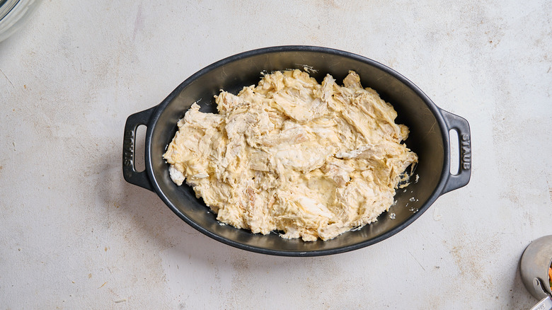 chicken casserole filling in a casserole dish