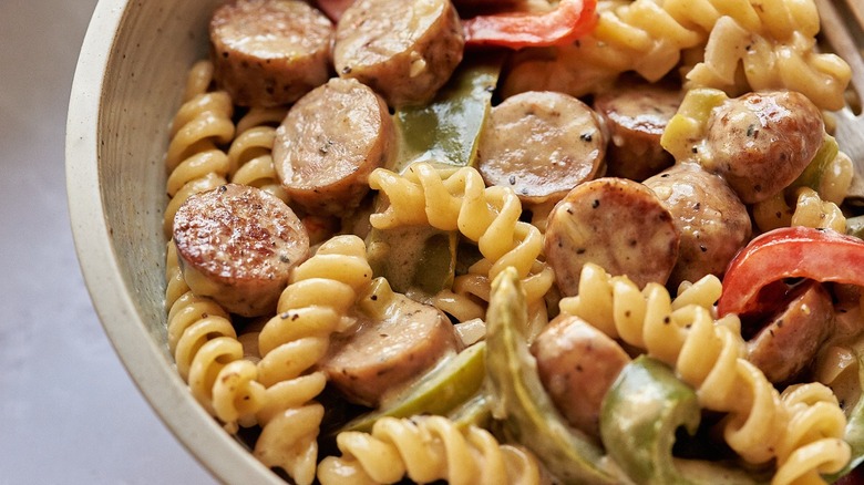 chicken sausage pasta in a bowl