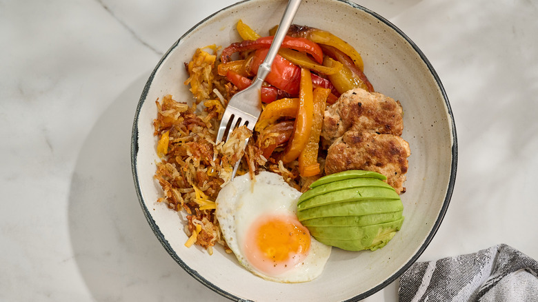 chicken sausage hash brown bowl on a table