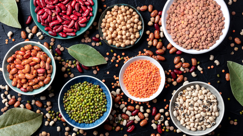 Beans and legumes in bowls 