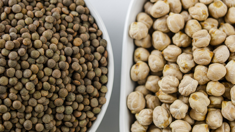 Close up of bowls of lentils and chickpeas