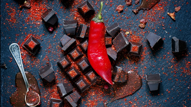 Chocolate bar with red chili and pepper flakes