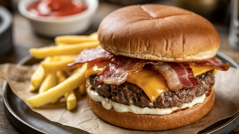 A restaurant quality bacon cheeseburger with fries