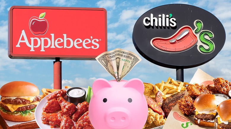 Plates of Applebee's and Chili's food in the foreground with a piggy bank in the middle and the restaurants' signs against a blue sky in the background